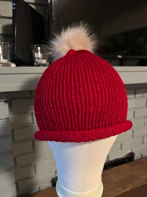 Valentine's Day Sparkly Red Knit Hat with Faux Fur Pompom - image1